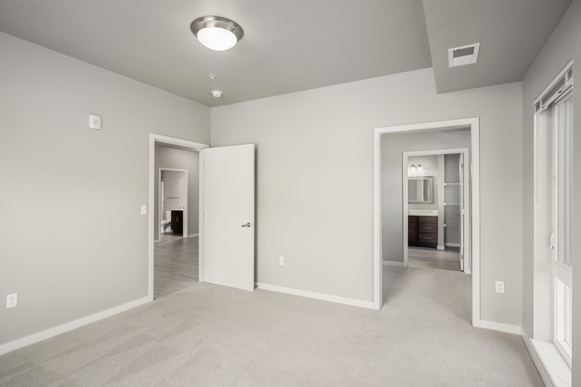 Empty bedroom with gray walls, carpet, and doorways leading to other rooms.