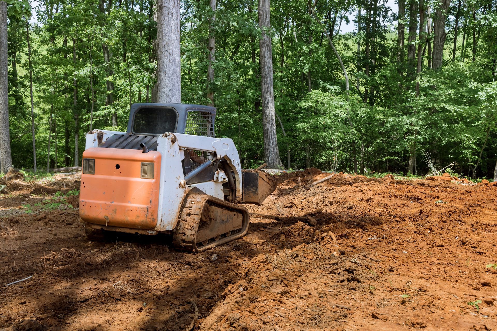 Orange and white skid steer clearing dirt in a wooded area.