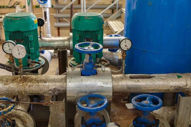 A close up of a machine with blue valves and green motors in a factory.