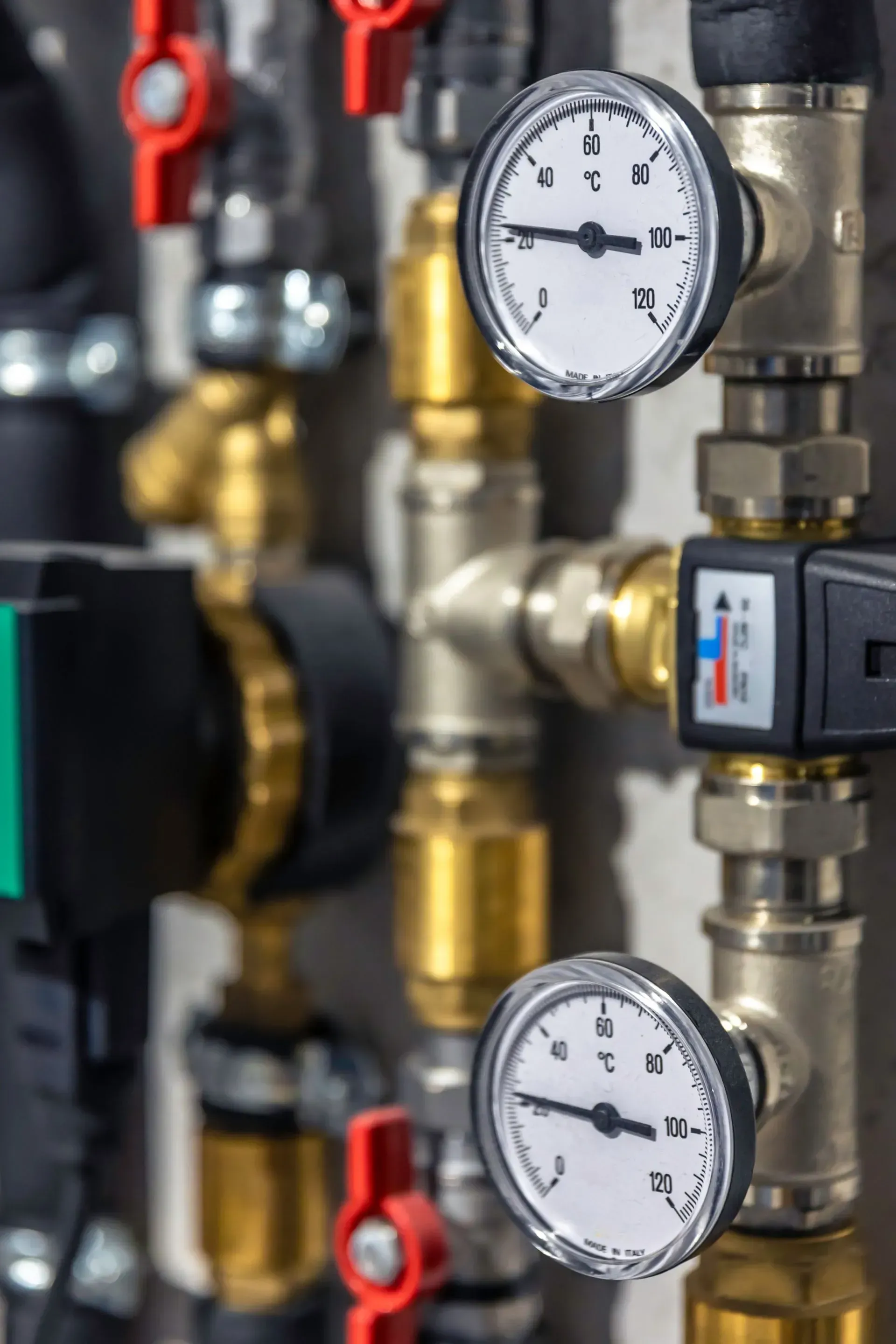 A row of brass pipes with gauges and valves on them