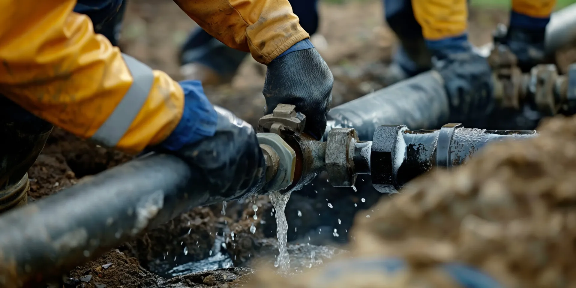 Workers in yellow jackets repair a water pipe in a trench, water spurting out. Workers in yellow jackets repair a water pipe in a trench, water spurting out.