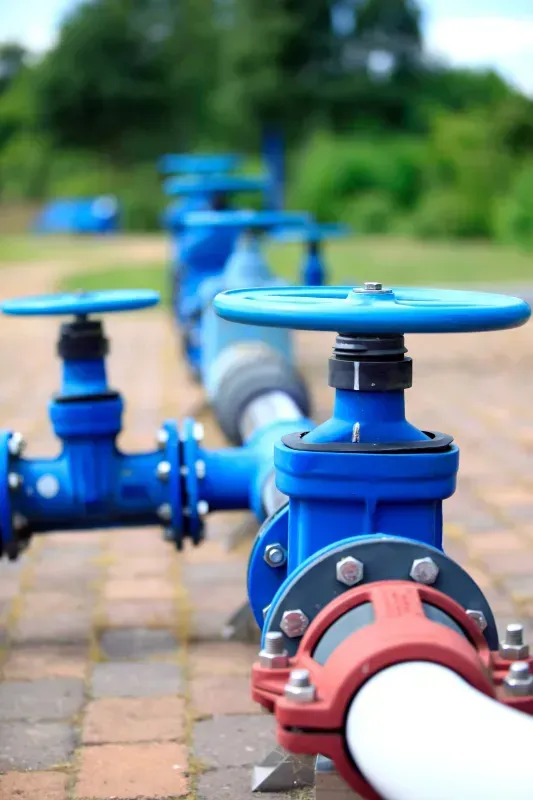 A row of blue pipes and valves on a brick sidewalk