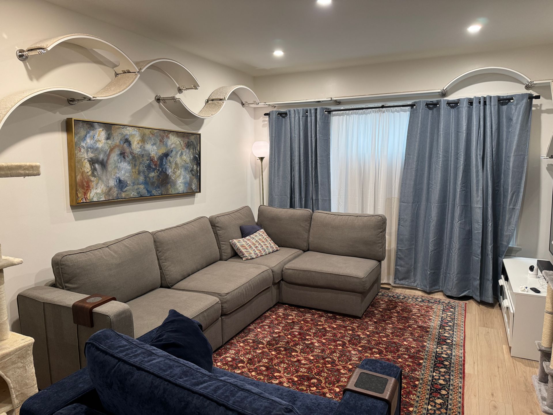 Modern living room featuring elegant white curved cat shelves mounted high on the wall above a grey sectional sofa.