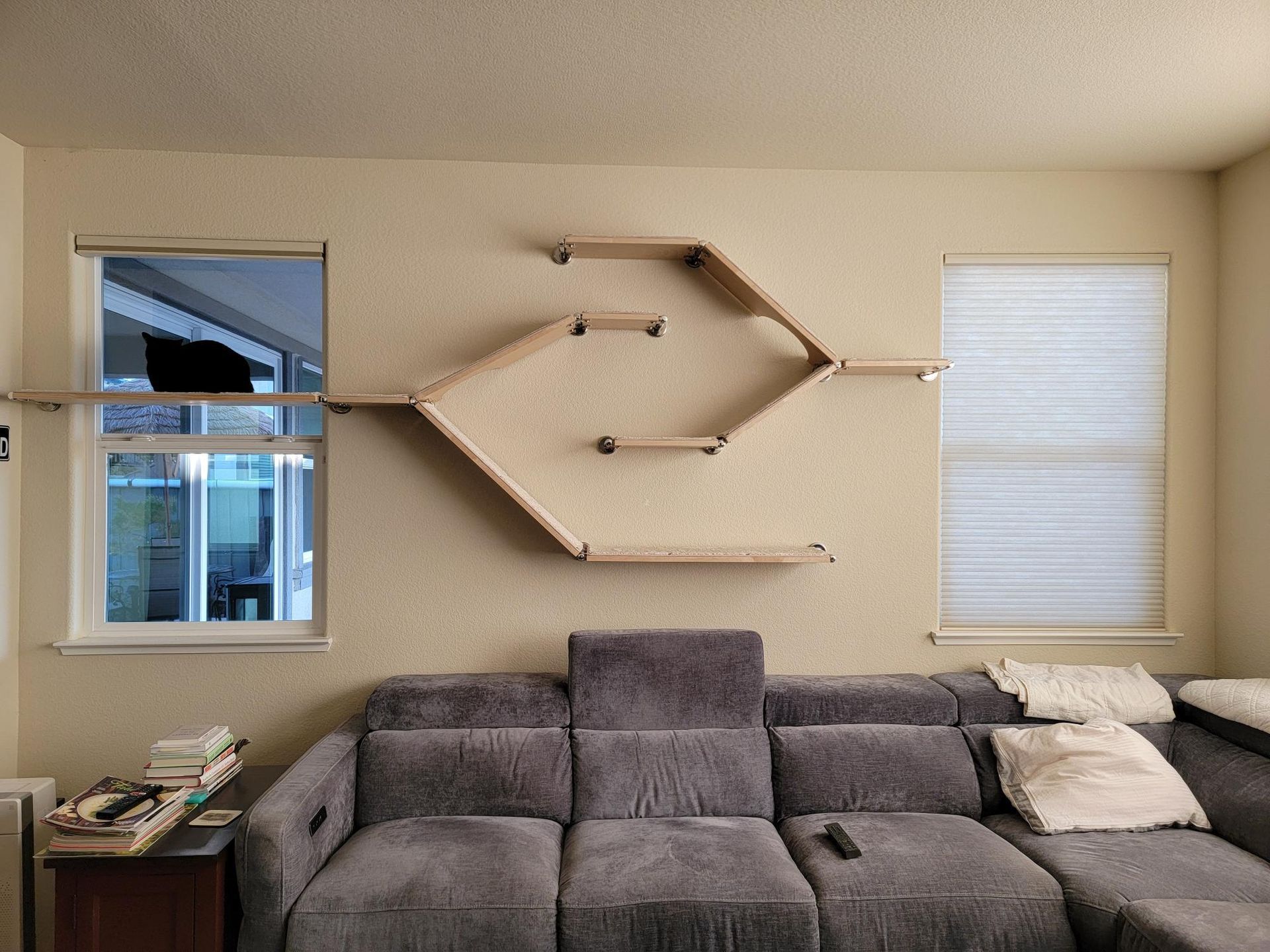 Black cat sitting on a wooden wall-mounted cat shelf next to a window in a bright living room above a sofa.