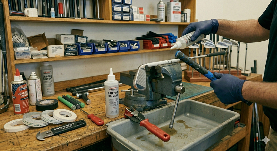 A gloved hand applies solvent to a golf club grip held in a bench vise at a workshop.