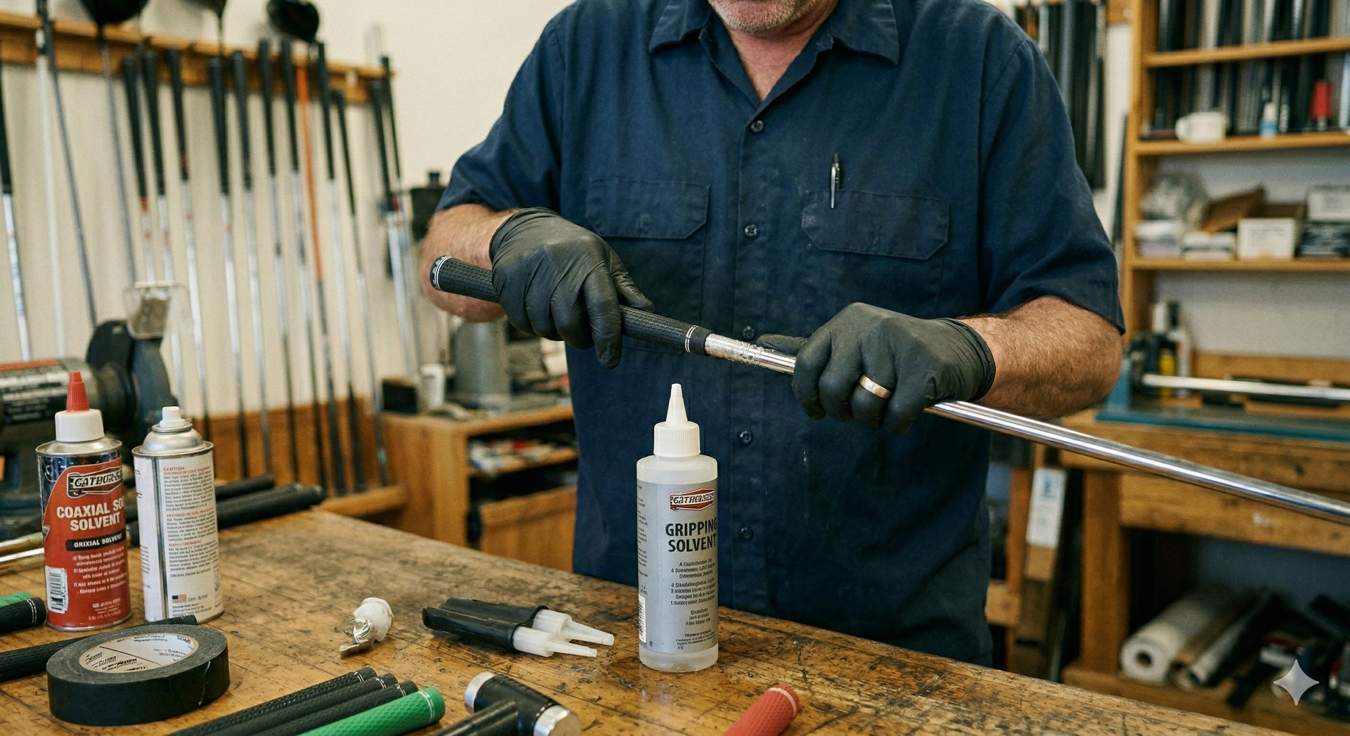 A person wearing black gloves applies solvent to a golf club shaft while working at a workbench in a golf shop.
