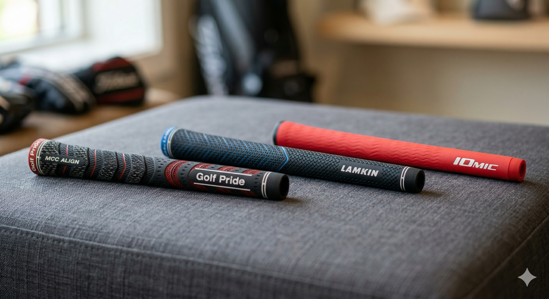 Three golf club grips—one red, two black with texture—resting on a gray cushioned surface in a room.