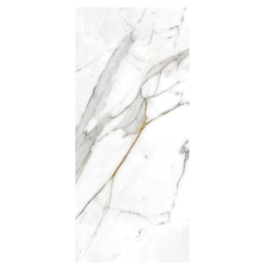 White marble tile with gray and gold veining.