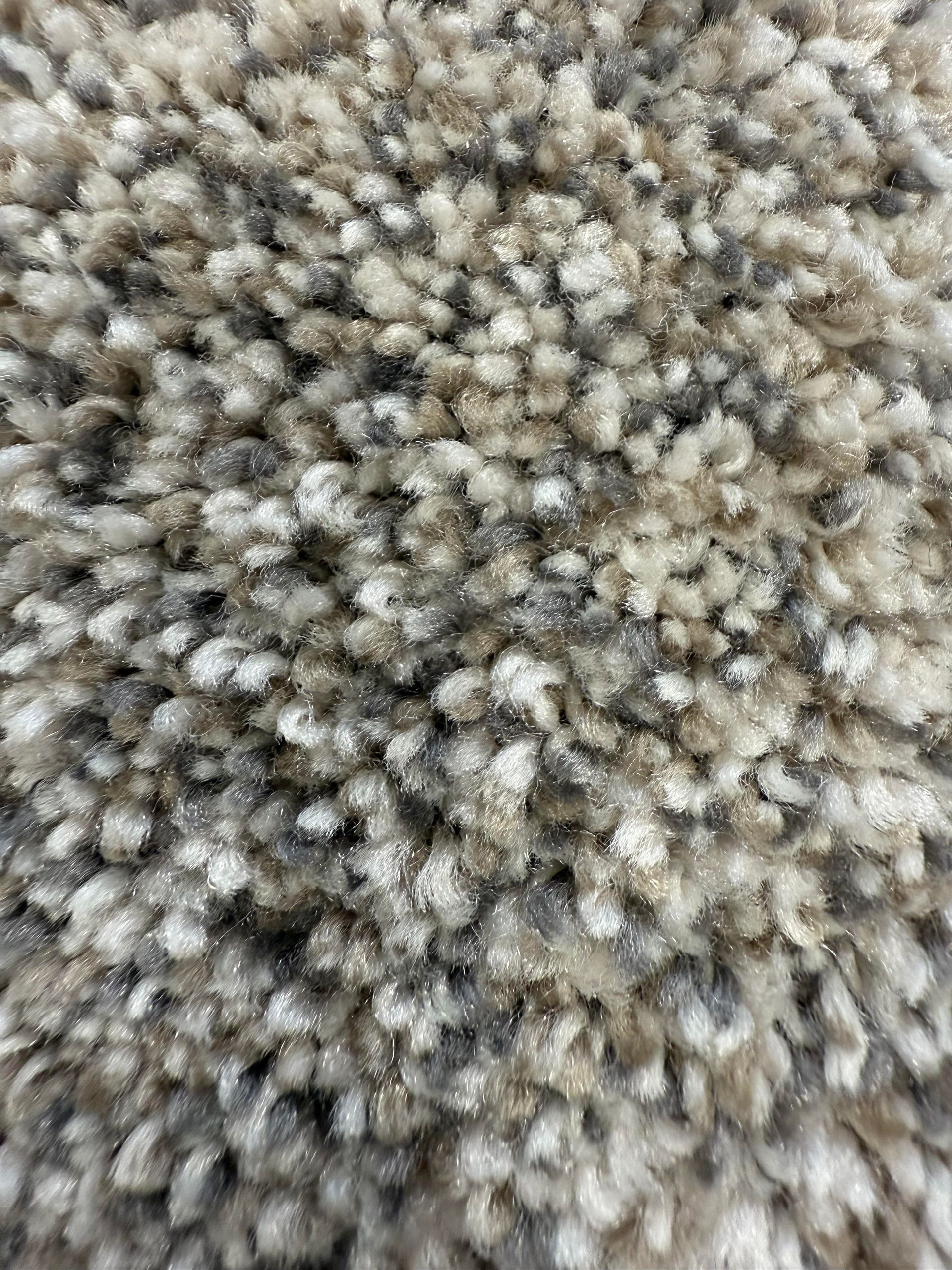Close-up of beige, gray, and white speckled, textured carpet.