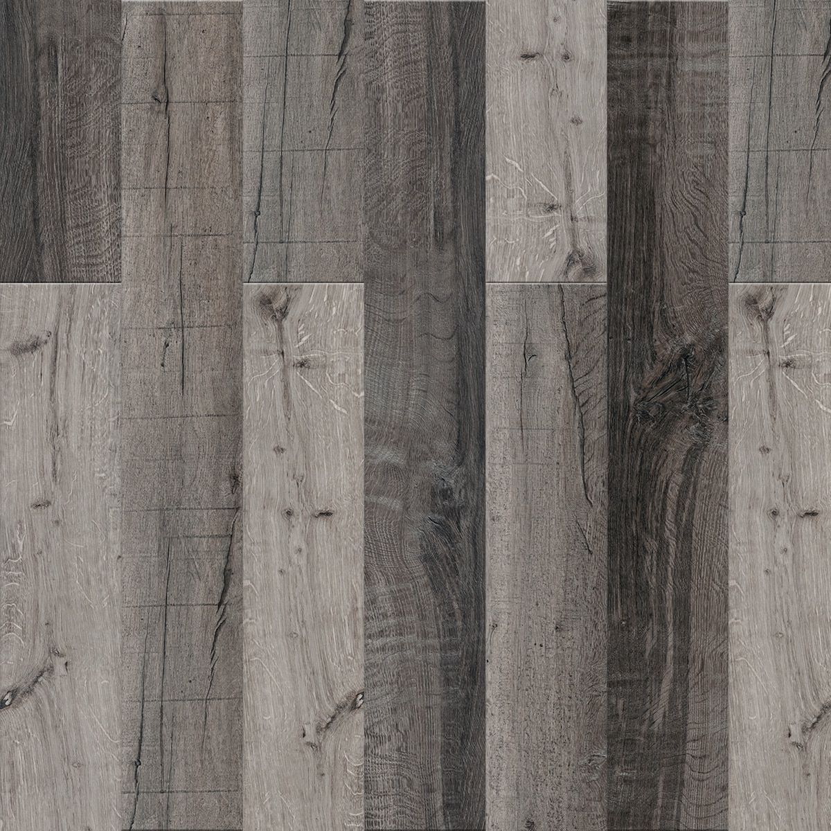 Gray weathered wood plank floor.