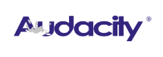 Audacity logo: dark blue text with a gray graphic and a registered trademark symbol on white.