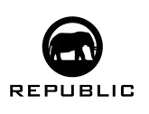 Black logo: elephant inside a circle,