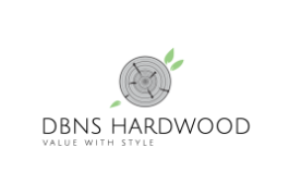 DBNS Hardwood logo: gray tree trunk with green leaves; text