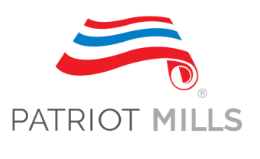 Patriot Mills logo: Red, white, and blue stylized flag shape above the company name in gray.