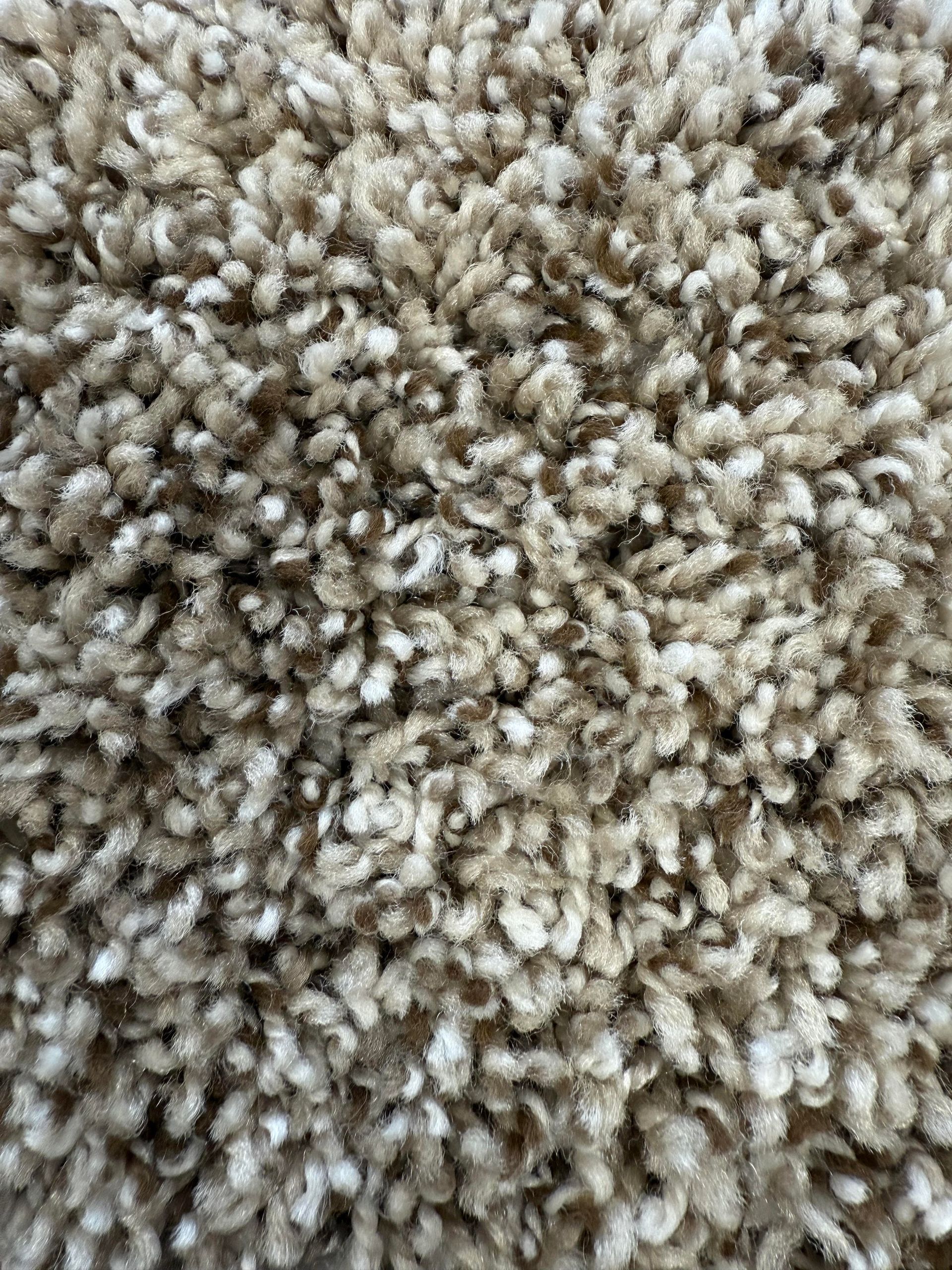 Close-up view of a tan and off-white shaggy rug, with thick, curled fibers.