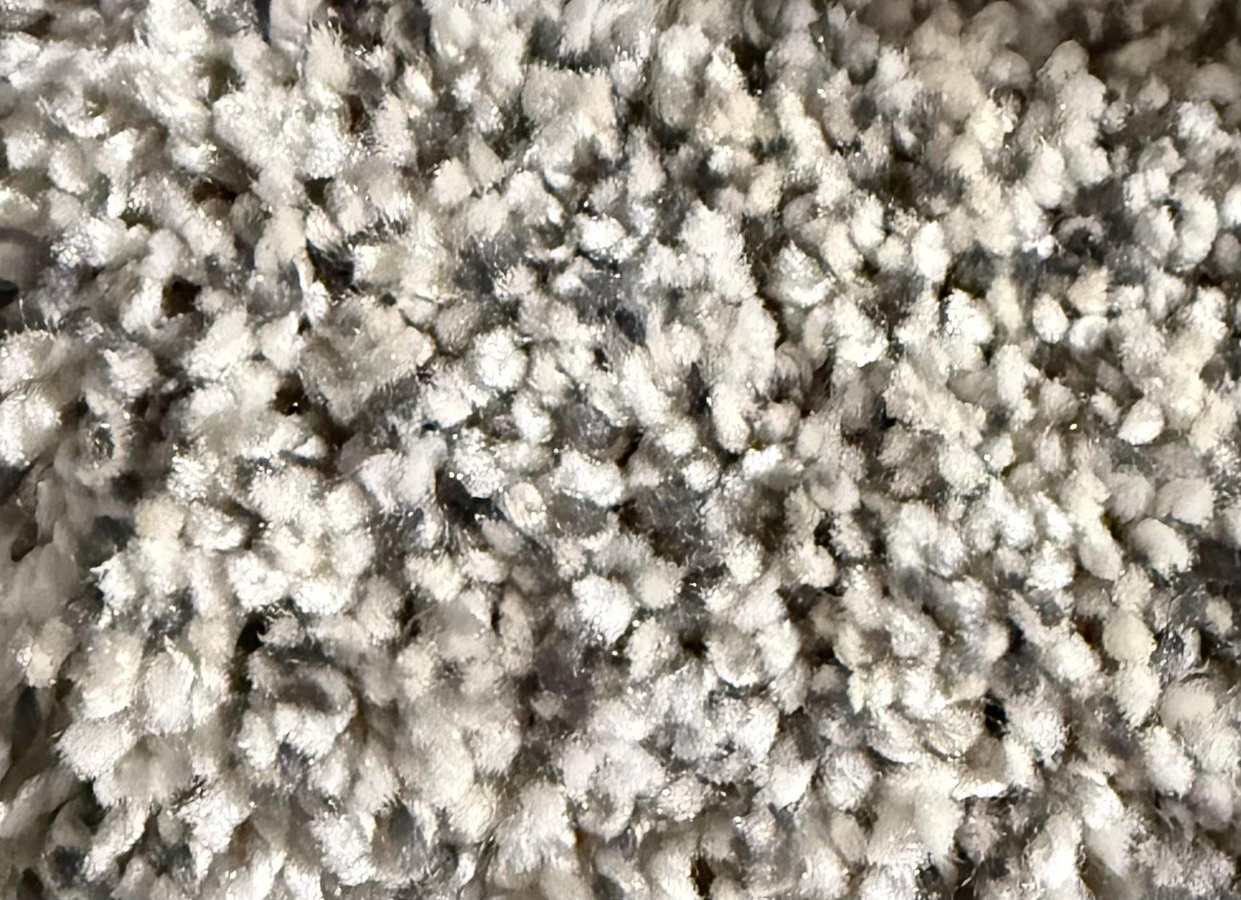 Close-up of a shaggy, neutral-toned carpet with gray and white tufts.