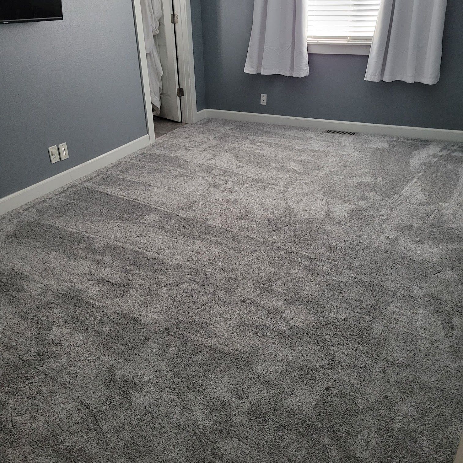 Gray-carpeted bedroom with gray walls, a window with white curtains, and a partially open door.