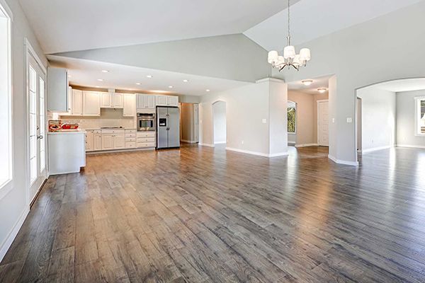 Spacious rambler home interior with vaulted ceiling
