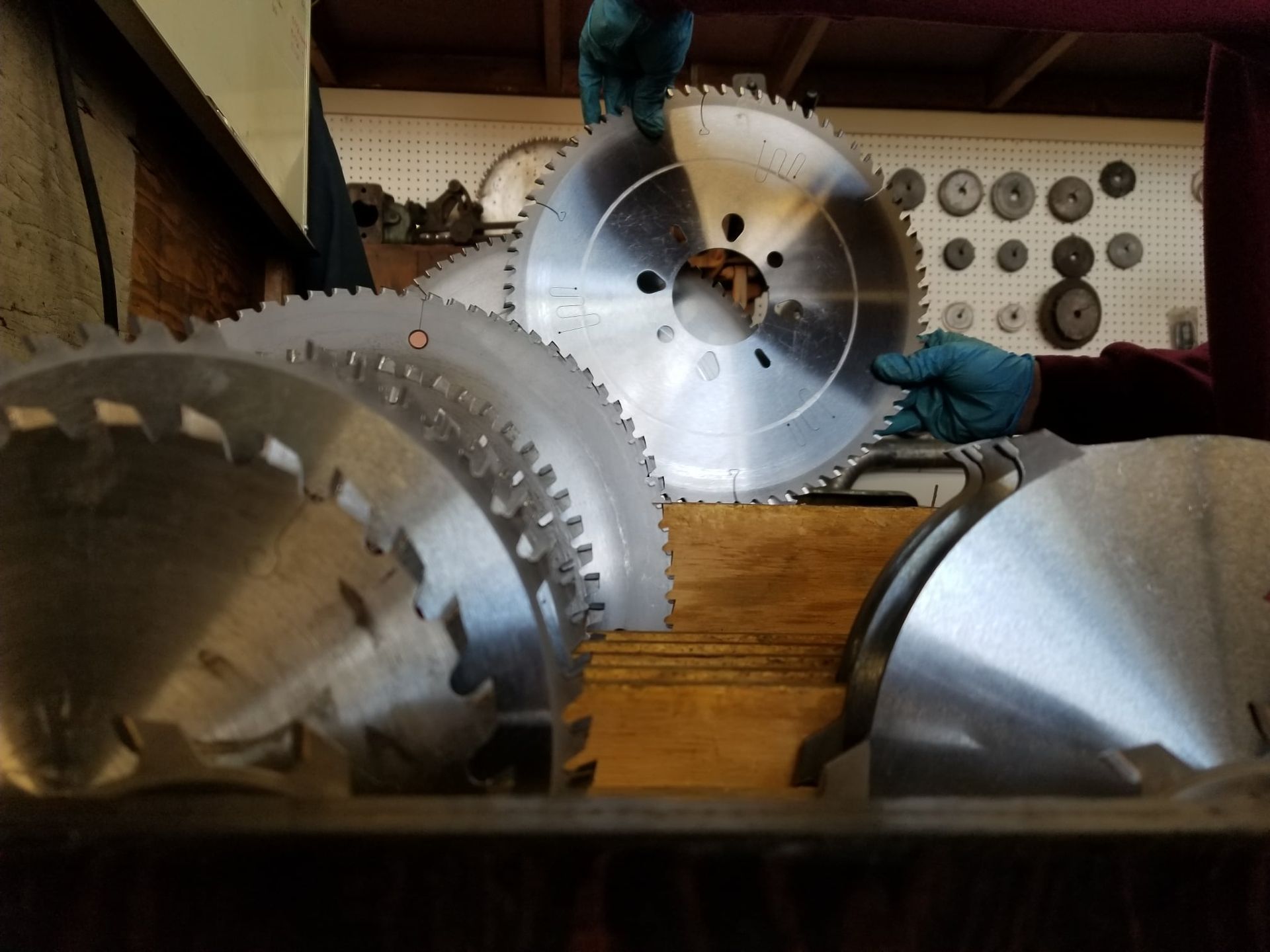 A person is holding a circular saw blade in their hand