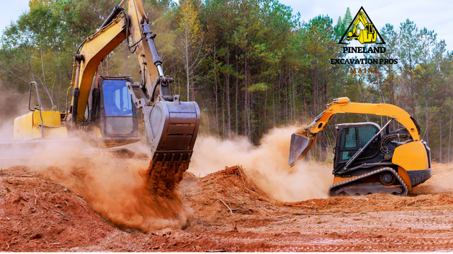 Two bulldozers are digging a hole in a dirt field.