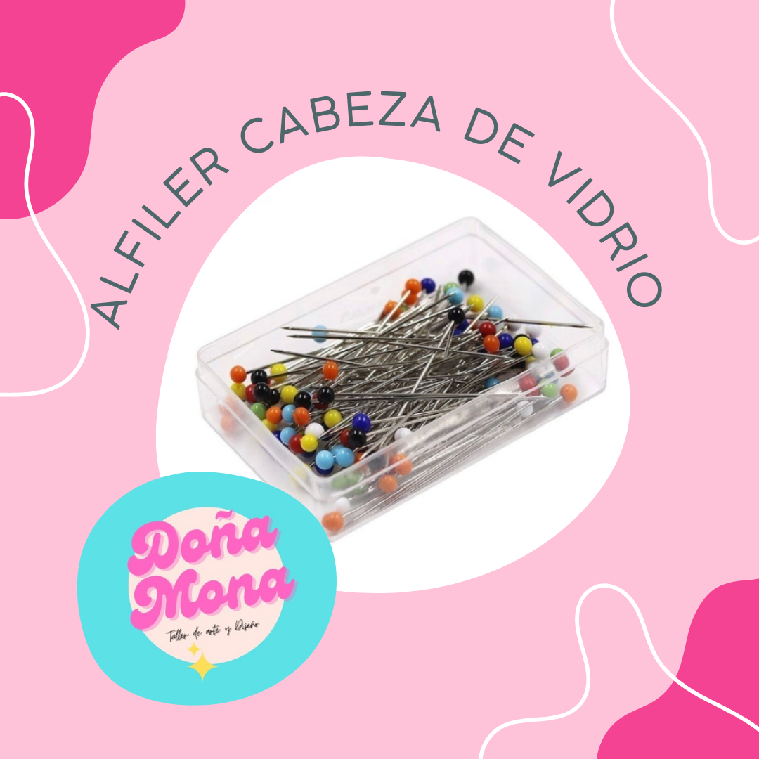 Caja de alfileres de costura con cabeza de cristal, con el logo 