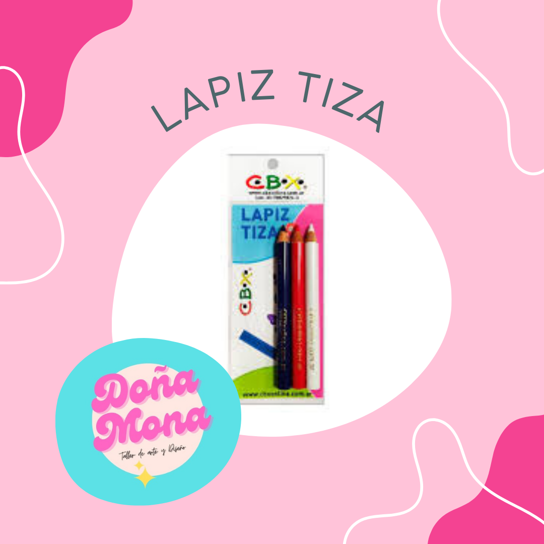 Packaging de lápices de colores GB tiza sobre fondo rosa, logo “Doña Mona”.