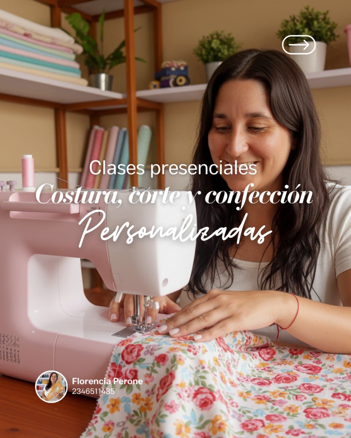 Woman sewing with a pink machine; text says 