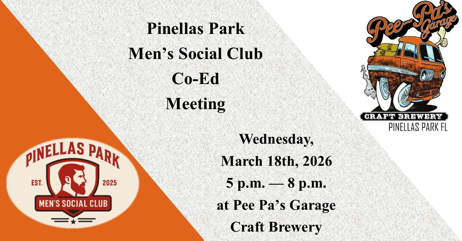 Announcement for a co-ed meeting of the Pinellas Park Men's Social Club at Pee Pa's Garage Craft Brewery on March 18th, 2026.