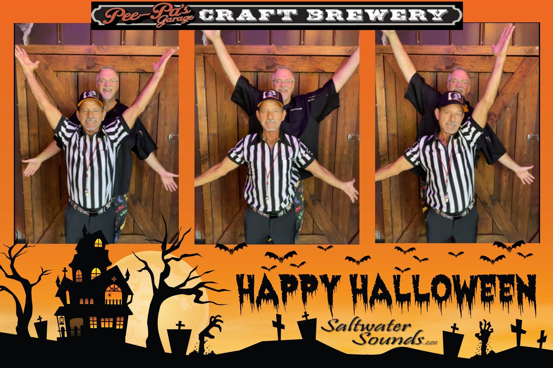 A group of people posing in front of a sign that says happy halloween