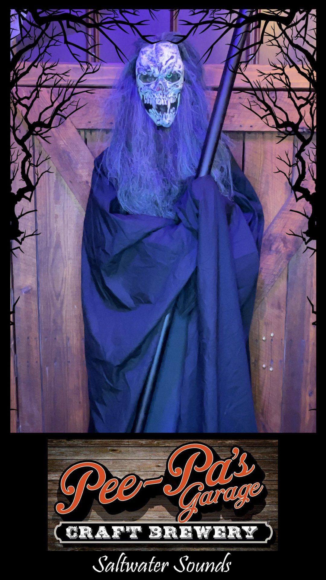 A poster for a brewery with a skeleton holding a stick.