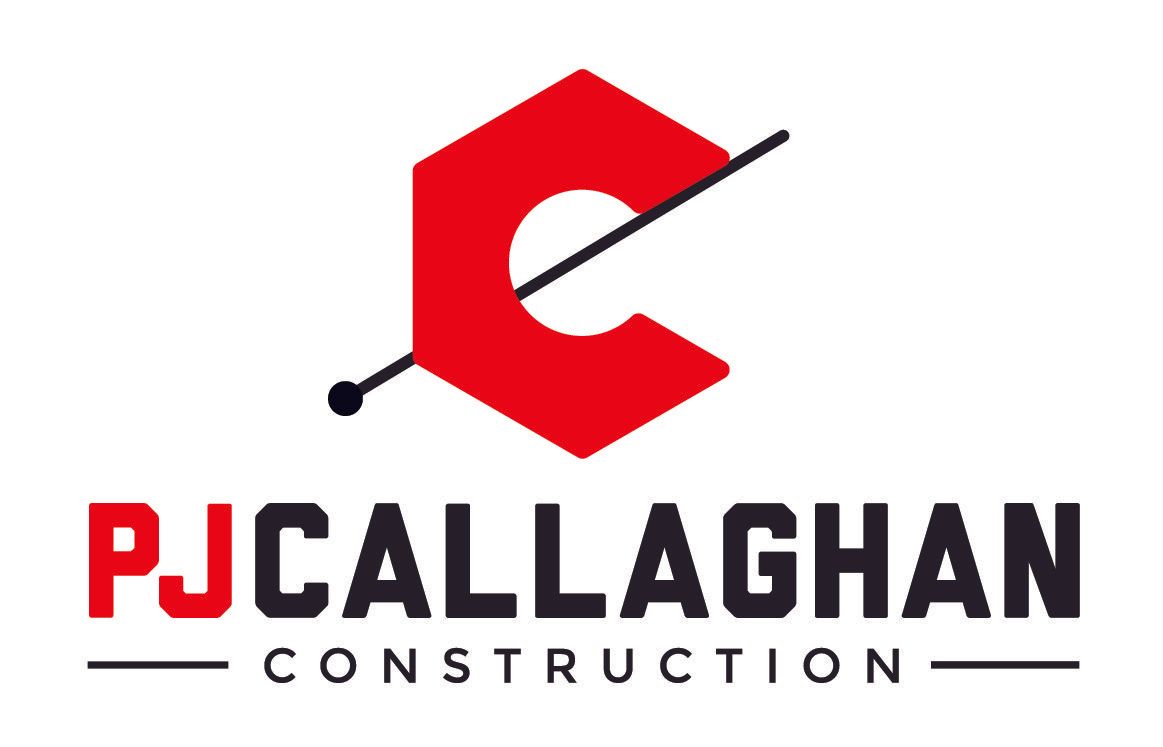 A red and black logo for pj callaghan construction