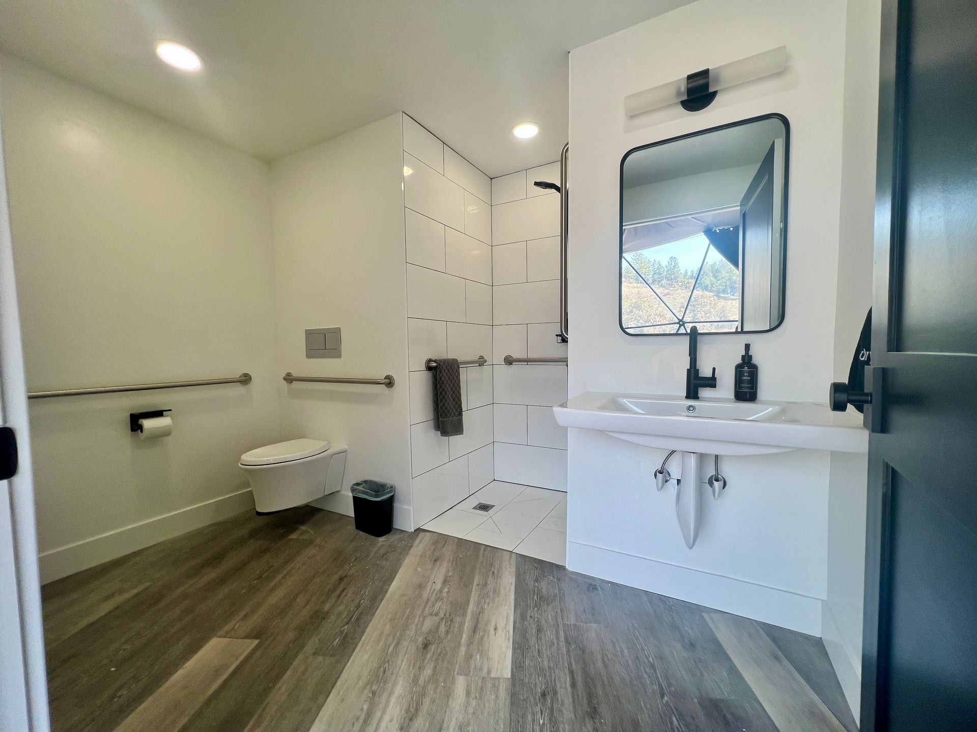 Accessible bathroom: White walls, wood-look floor, roll-in shower, toilet, sink with black fixtures, handrails.