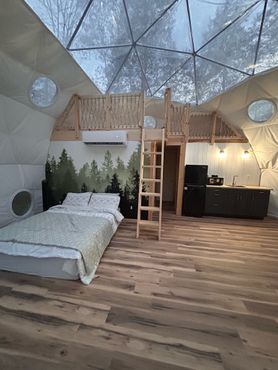 A bedroom in a dome with a bed and a ladder.