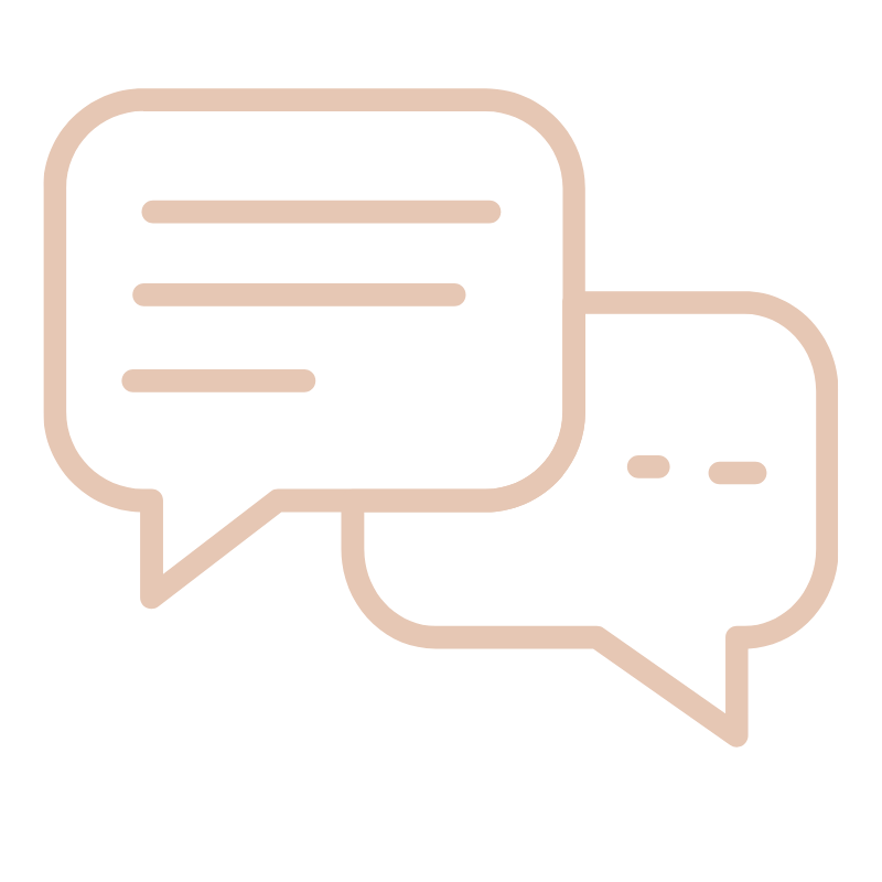 Deux bulles de dialogue beiges superposées avec des lignes de message sur fond blanc