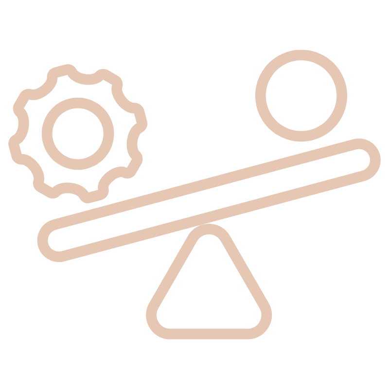 Icône de balance avec une roue dentée d'un côté et un cercle de l'autre, contour pêche clair
