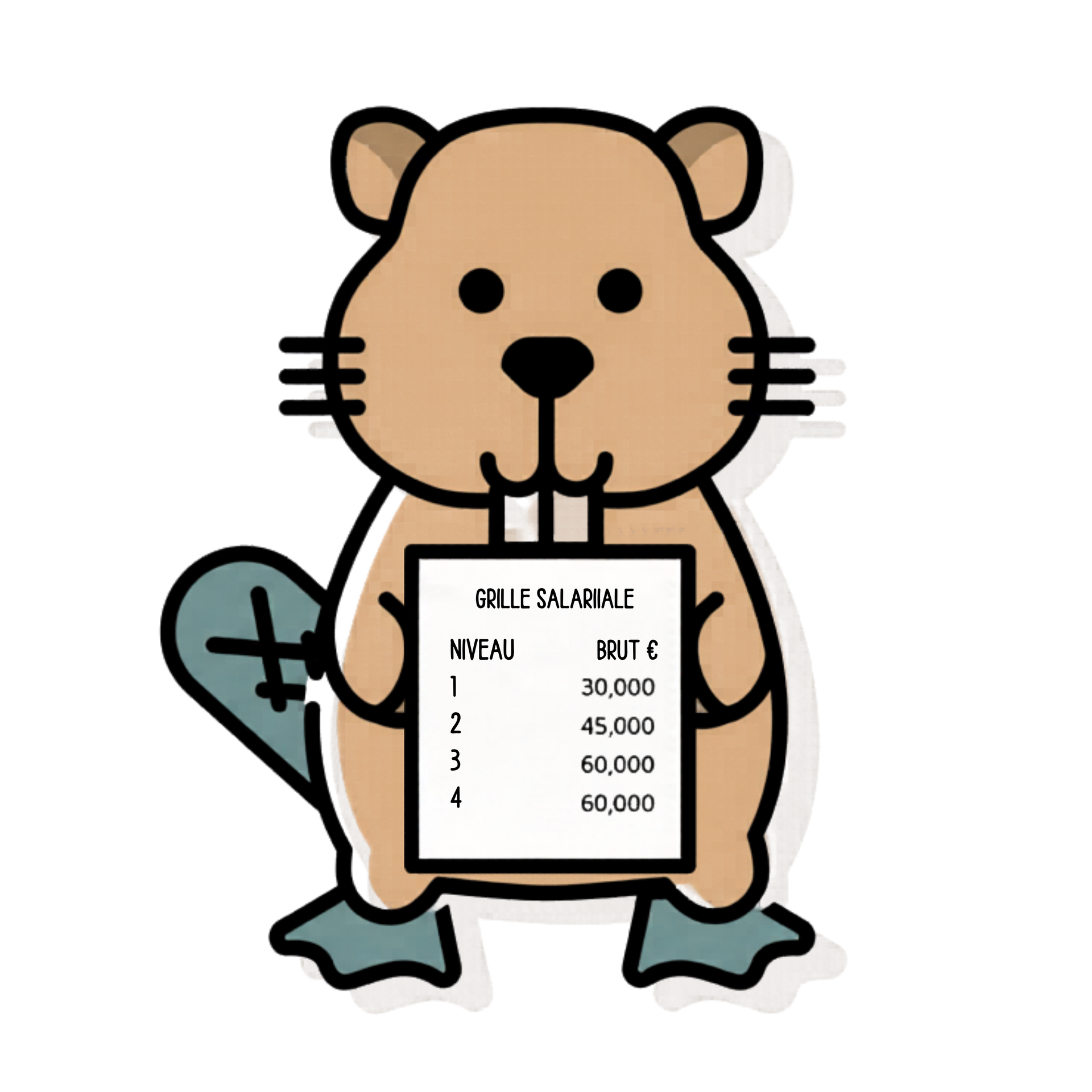Un ours de dessin animé tenant une pancarte avec une petite table, debout sur des bottes bleues avec une expression neutre