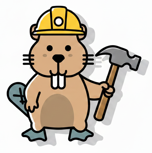 Castor de dessin animé portant un casque jaune, tenant un marteau et une pelle