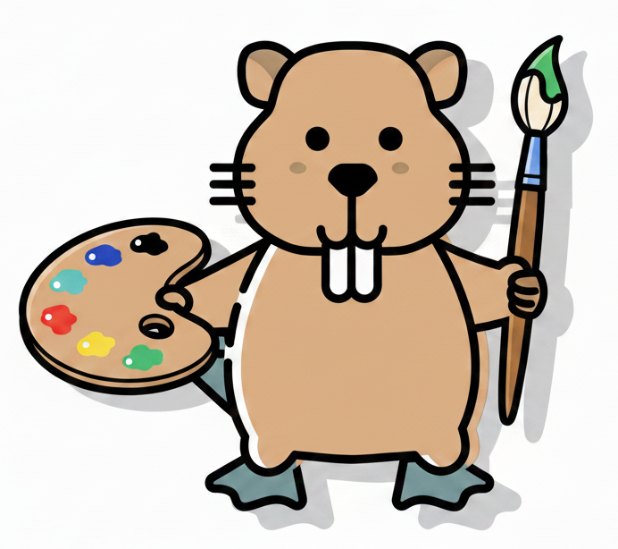 Pit est aussi un créatif, un castor de dessin animé tenant une palette et un pinceau