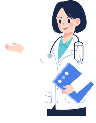 Un médecin souriant en blouse blanche, tenant un bloc-notes bleu et faisant un geste de la main.