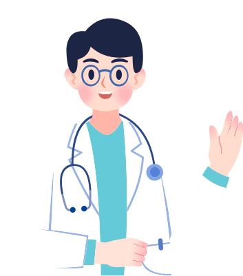 Un médecin de dessin animé en blouse blanche et lunettes, souriant et faisant un signe de la main sur fond blanc