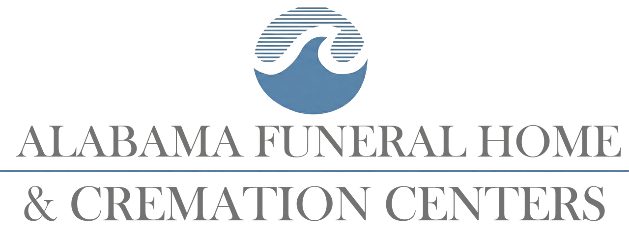 Logo for Alabama Funeral Home & Cremation Centers: blue wave emblem over text.