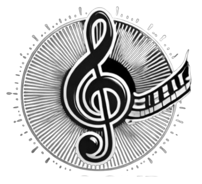 Logotipo musical en blanco y negro con clave de sol y notas musicales sobre un fondo de rayos de sol.