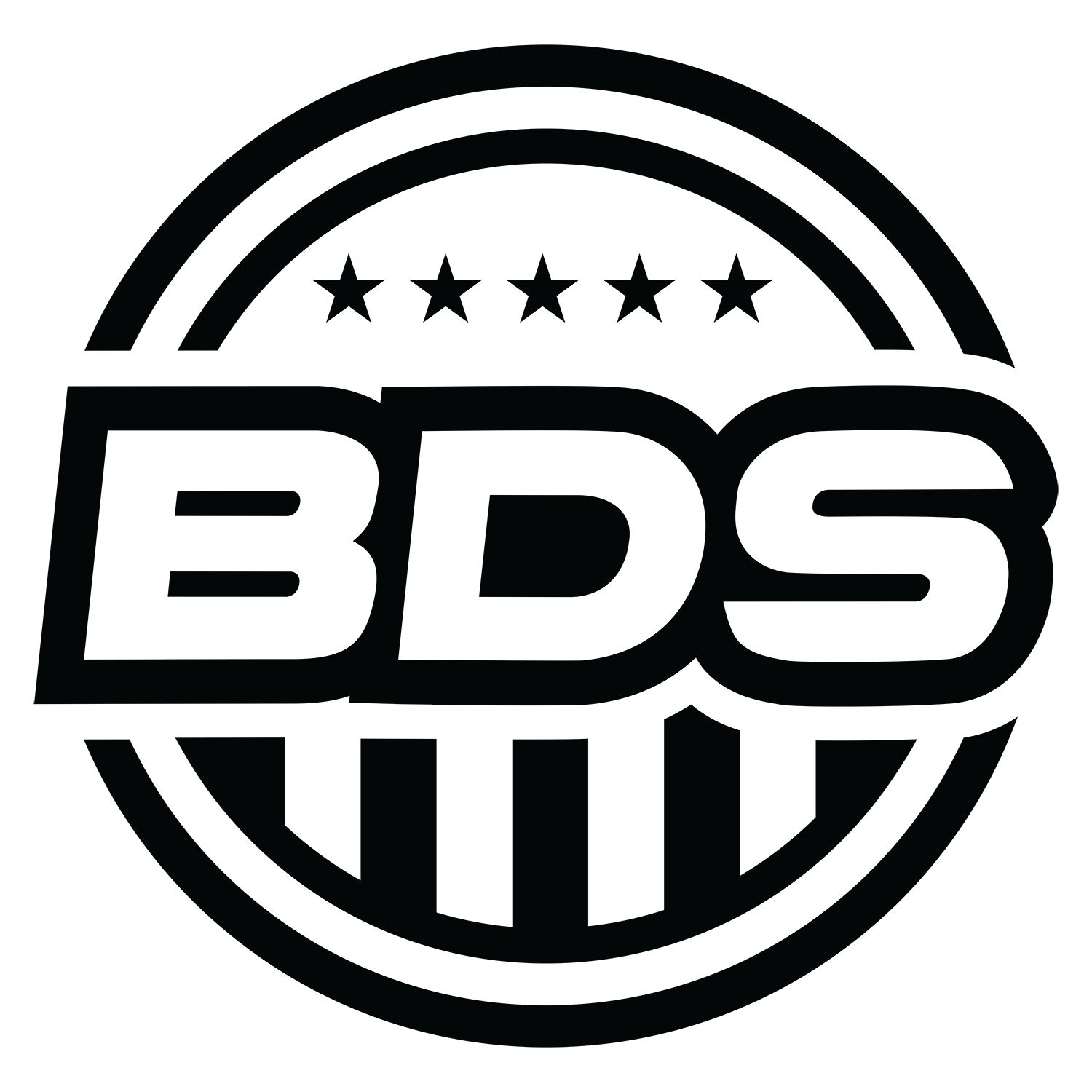 The bds logo is a black and white circle with stars on it.
