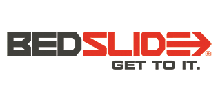 A red and black logo for bedslide get to it