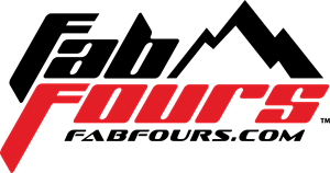 A logo for fab fours with a mountain in the background