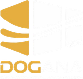Un logo giallo con la parola cane su uno sfondo bianco.