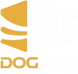 Un logo giallo con la parola cane su uno sfondo bianco.