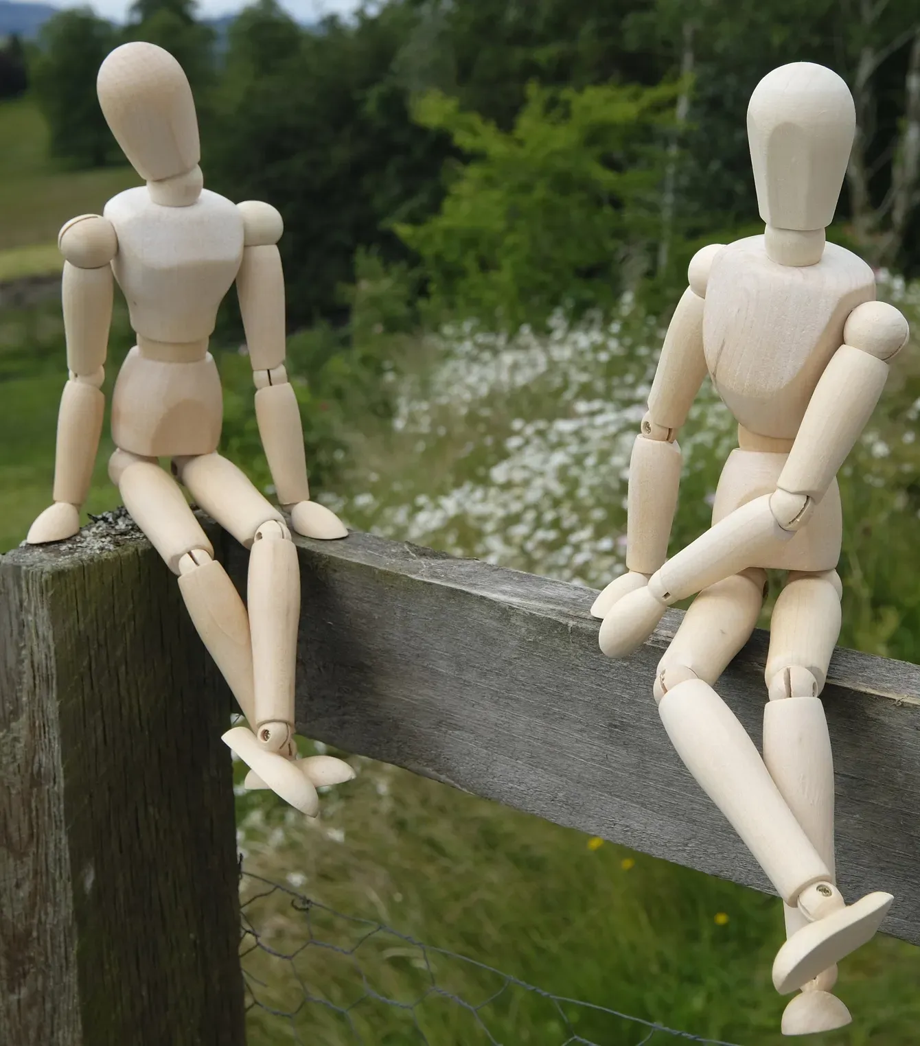 Dos maniquíes de madera están sentados en un poste de cerca de madera.