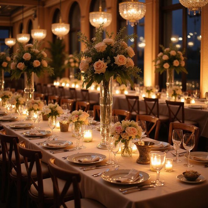 Elegant reception table set with floral centerpieces, candles, and glassware.