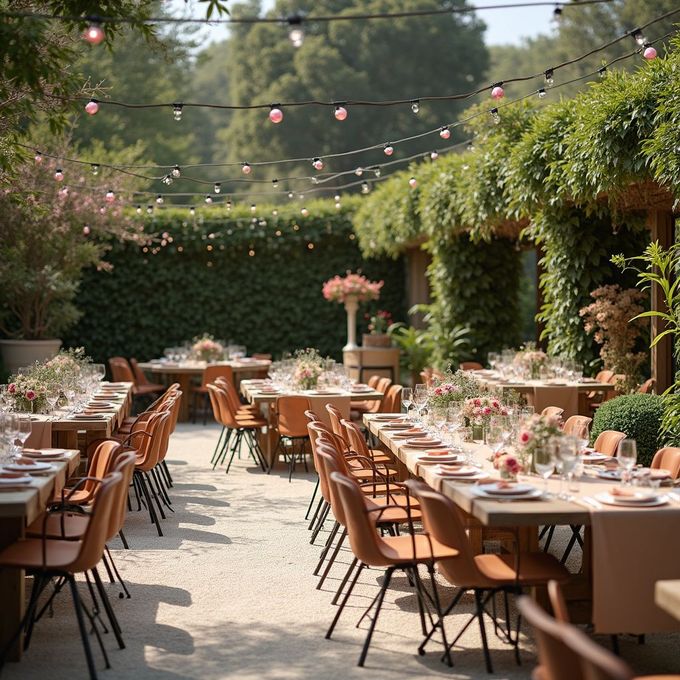 Outdoor event with long tables, orange chairs, floral centerpieces, string lights, and lush greenery.